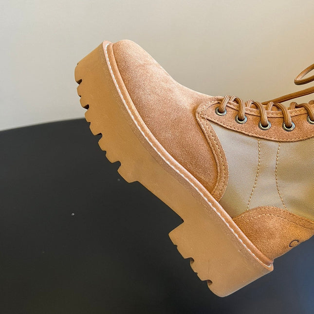 CELINE 26S MARGARET COMBAT BOOT 45 MM IN SAND BEIGE CANVAS AND SUEDE