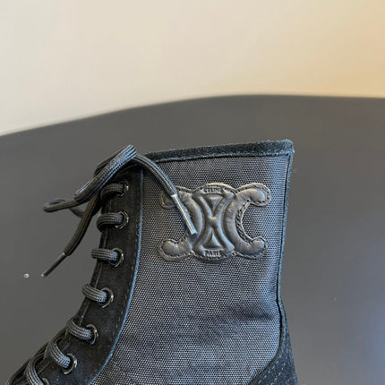 CELINE 26S MARGARET COMBAT BOOT 45 MM IN BLACK CANVAS AND SUEDE