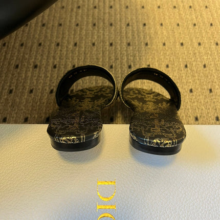 DIOR 26S DWAY SLIDE COTTON EMBROIDERED IN BLACK AND GOLD FLORAL MOTIF