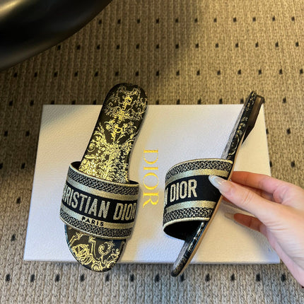 DIOR 26S DWAY SLIDE COTTON EMBROIDERED IN BLACK AND GOLD FLORAL MOTIF