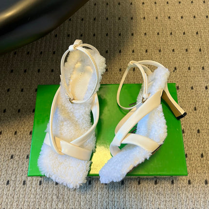 BOTTEGA VENETA 26S SQUARE-TOE HIGH-HEEL SANDALS 90 MM IN WHITE LAMBSKIN AND WOOL