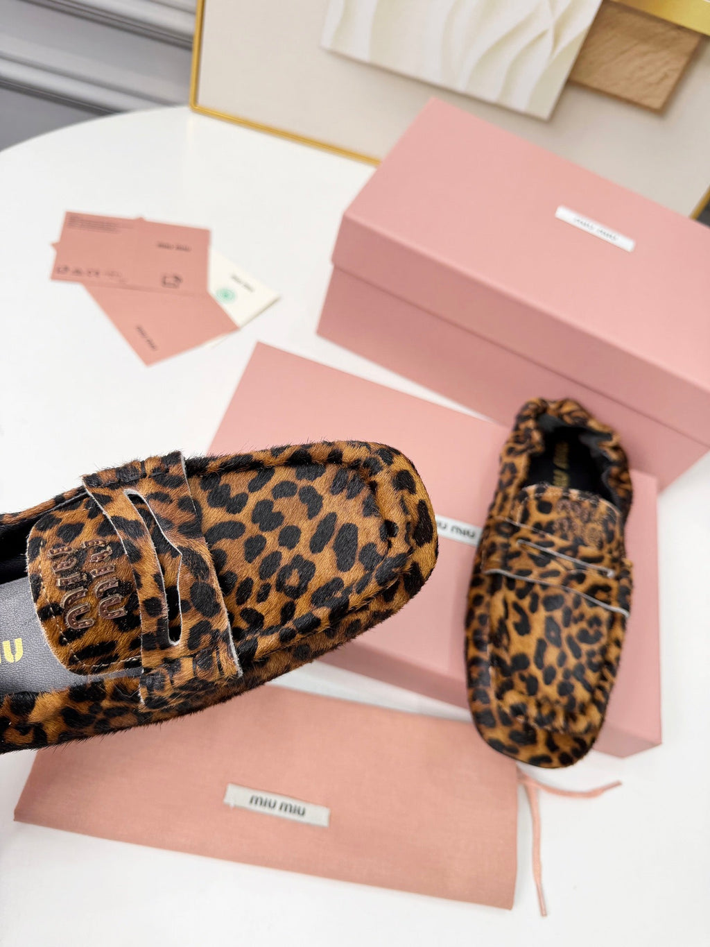 MIUMIU 26S RUCHES LOAFERS IN LEOPARD PRINT PONY HAIR