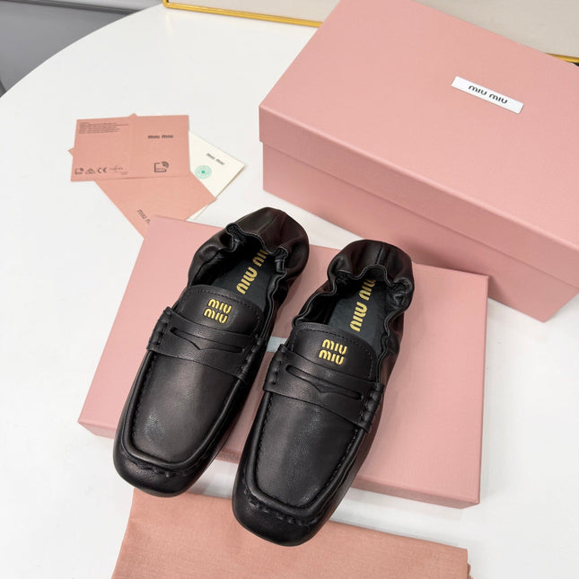 MIUMIU 26S RUCHES LOAFERS IN BLACK LAMBSKIN