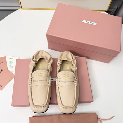 MIUMIU 26S RUCHES LOAFERS IN BEIGE LAMBSKIN