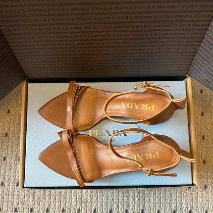 PRADA 26S POINTED-TOE STRAPPY HIGH-HEEL SANDALS 60MM IN CARAMEL BROWN CALFSKIN