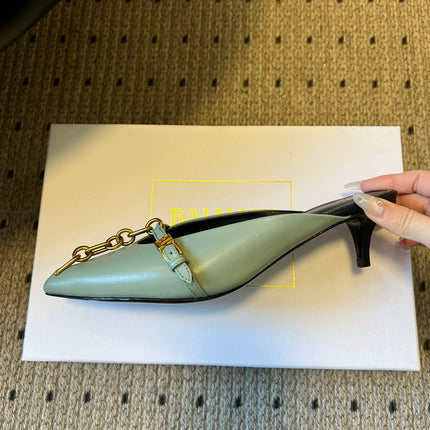 BALMAIN 26S GOLD CHAIN HIGH HEEL MULES 45 MM IN MINT GREEN CALFSKIN