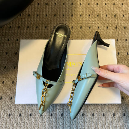 BALMAIN 26S GOLD CHAIN HIGH HEEL MULES 45 MM IN MINT GREEN CALFSKIN