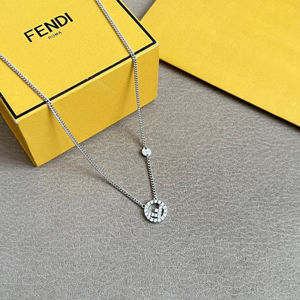 FENDI 26S FF CRYSTAL PENDANT NECKLACE IN SILVER TONE METAL 629952