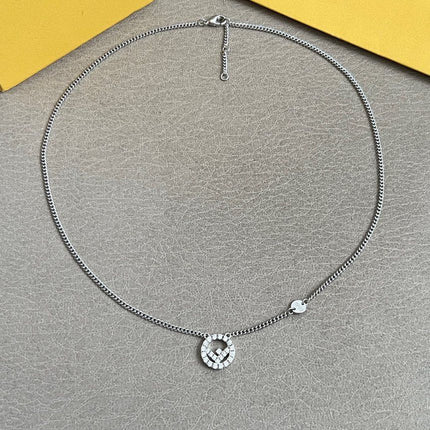 FENDI 26S FF CRYSTAL PENDANT NECKLACE IN SILVER TONE METAL 629952