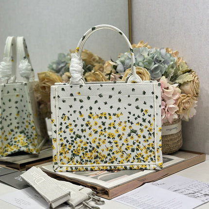 DIOR 26S BOOK TOTE BAG 26 IN WHITE FLORAL EMBROIDERY BAYADERE FABRIC
