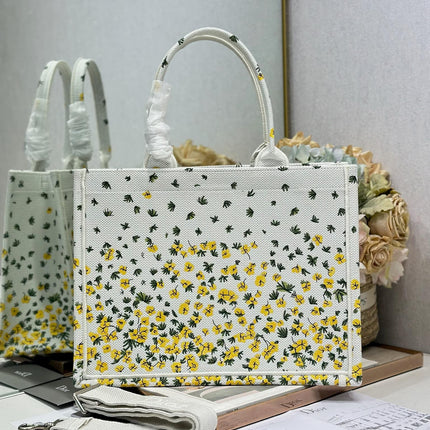 DIOR 26S BOOK TOTE BAG 36 IN WHITE FLORAL EMBROIDERY BAYADERE FABRIC