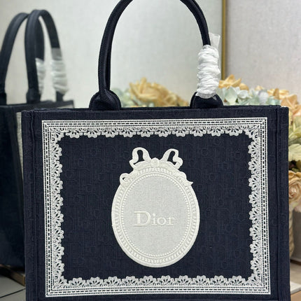 DIOR 26S BOOK TOTE BAG 36 IN BLACK AND WHITE LACE BAYADERE FABRIC