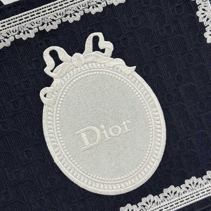 DIOR 26S BOOK TOTE BAG 36 IN BLACK AND WHITE LACE BAYADERE FABRIC