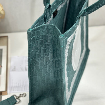 DIOR 26S BOOK TOTE BAG 42 IN TEAL GREEN AND WHITE BAYADERE FABRIC