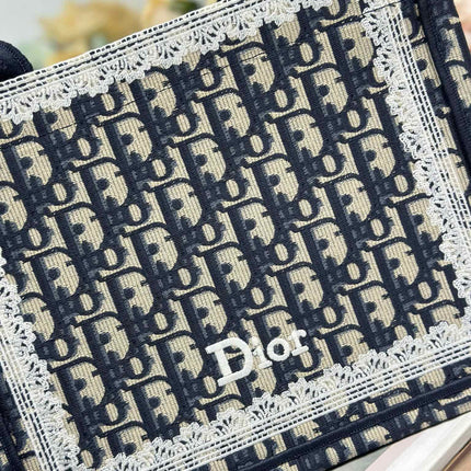 DIOR 26S BOOK TOTE BAG 26 IN NAVY BLUE AND BEIGE OBLIQUE FABRIC