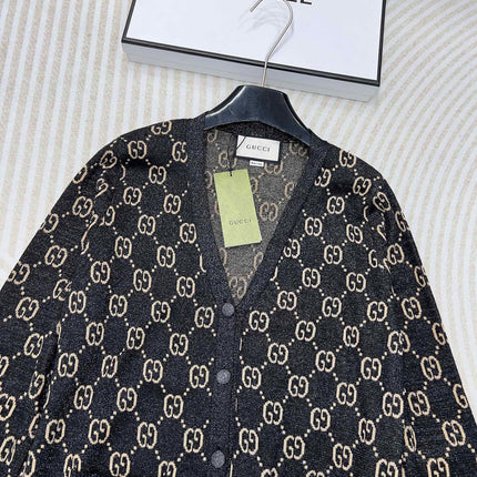 GG V-Neck Long Sleeve Cardigan Black Beige Monogram