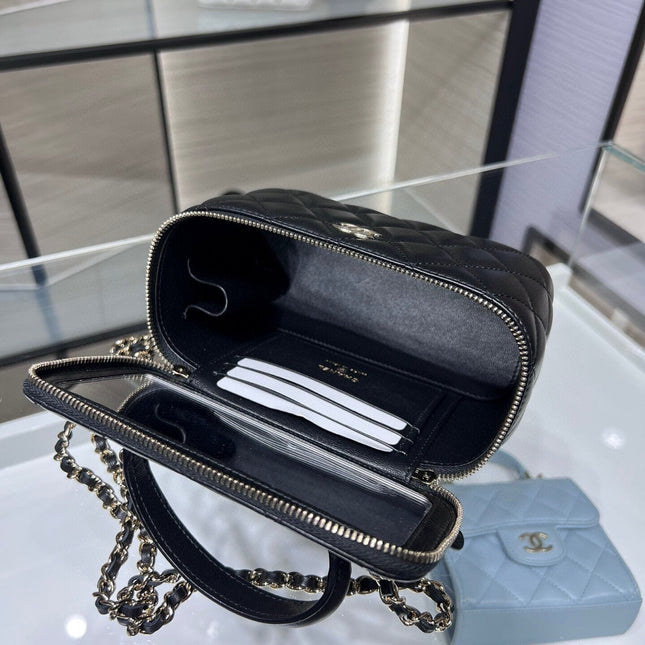 VANITY 17 TOP HANDLE IN BLACK QUILTED LAMBSKIN GOLD HARDWARE