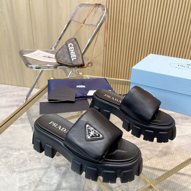 PRADA SOFT PADDED SANDALS IN BLACK CALFSKIN