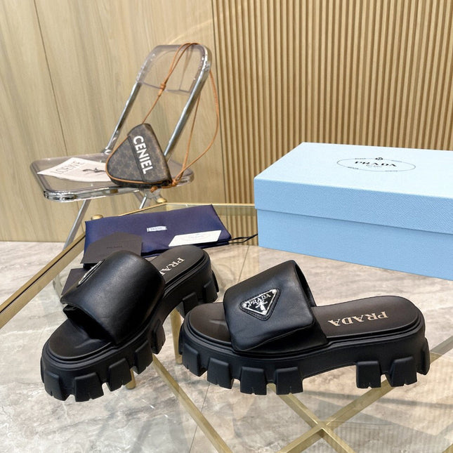 PRADA SOFT PADDED SANDALS IN BLACK CALFSKIN