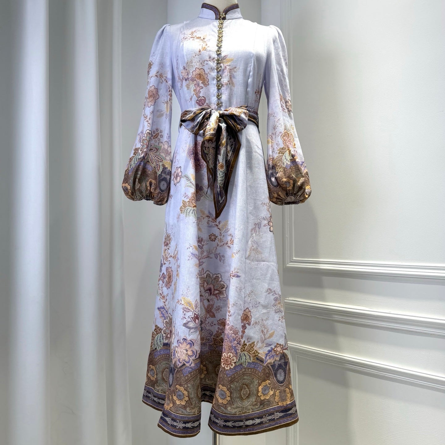ZIMMERMANN 26S FLORAL MIDI DRESS IN LILAC SILK LINEN