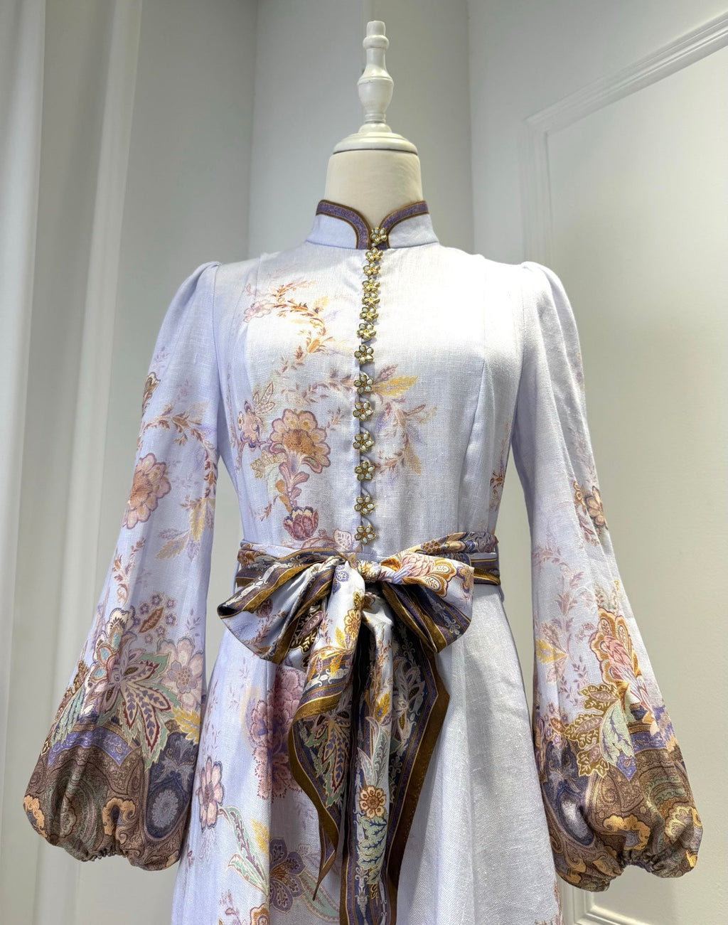 ZIMMERMANN 26S FLORAL MIDI DRESS IN LILAC SILK LINEN