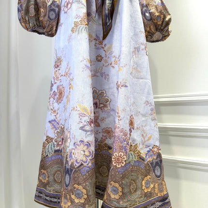 ZIMMERMANN 26S FLORAL MIDI DRESS IN LILAC SILK LINEN