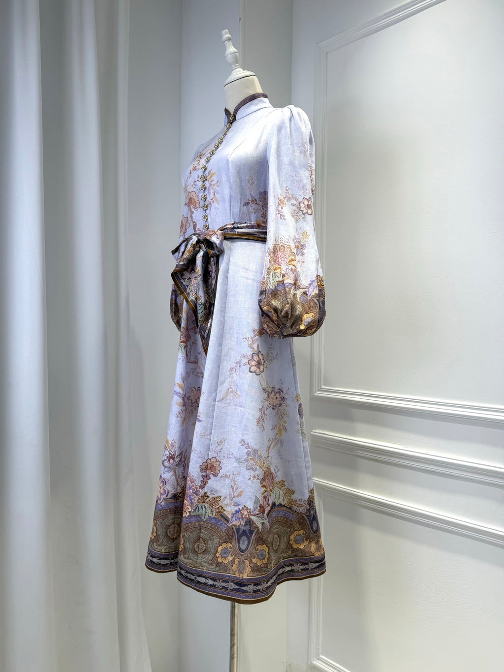 ZIMMERMANN 26S FLORAL MIDI DRESS IN LILAC SILK LINEN
