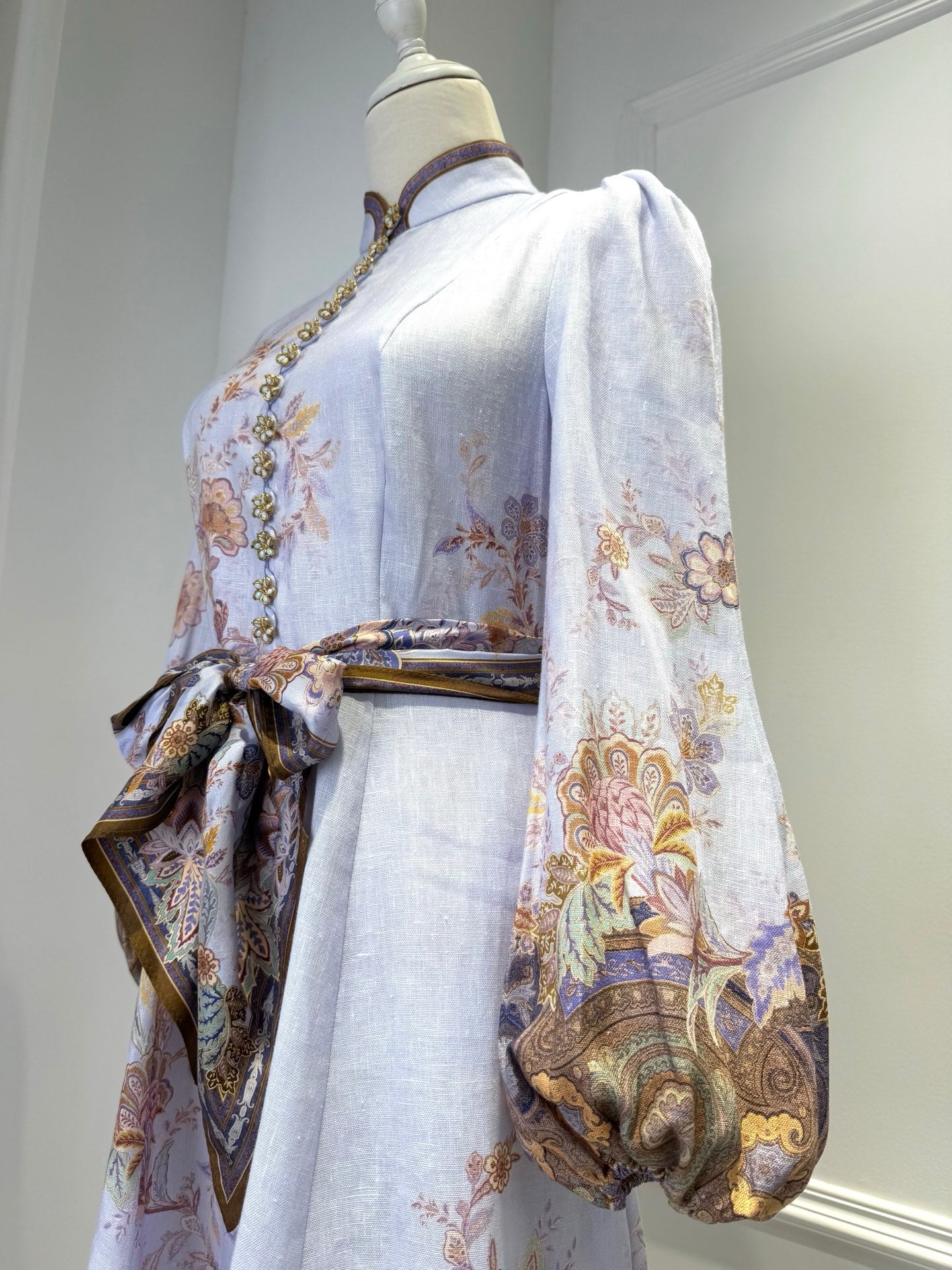 ZIMMERMANN 26S FLORAL MIDI DRESS IN LILAC SILK LINEN