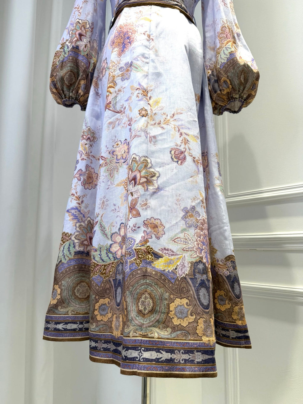 ZIMMERMANN 26S FLORAL MIDI DRESS IN LILAC SILK LINEN