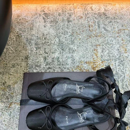 CHRISTIAN LOUBOUTIN 26S ANKLE STRAP BALLET FLATS IN BLACK SATIN