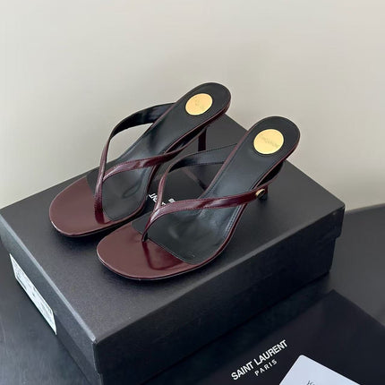 YSL 26S THONG HIGHHEEL SANDAL IN BURGUNDY PATENT LEATHER