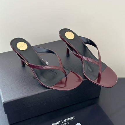 YSL 26S THONG HIGHHEEL SANDAL IN BURGUNDY PATENT LEATHER