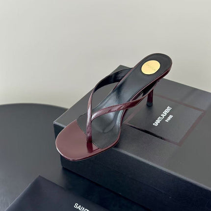YSL 26S THONG HIGHHEEL SANDAL IN BURGUNDY PATENT LEATHER