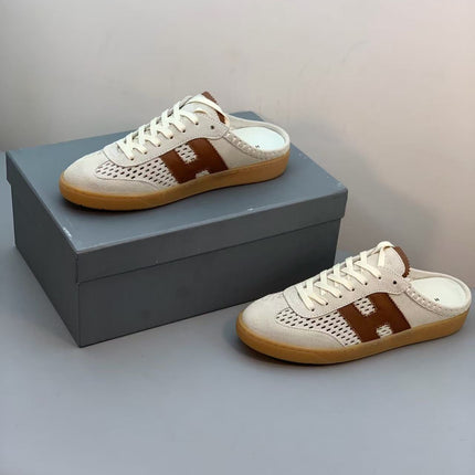 HERMES 26S H MOTIF LACE-UP MULE IN ECRU & BROWN SUEDE