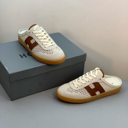 HERMES 26S H MOTIF LACE-UP MULE IN ECRU & BROWN SUEDE