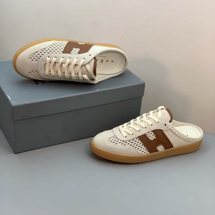 HERMES 26S H MOTIF LACE-UP MULE IN ECRU & BROWN SUEDE