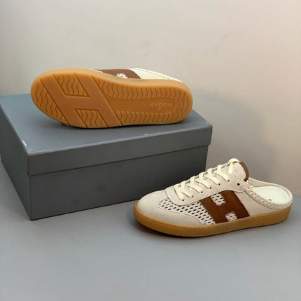 HERMES 26S H MOTIF LACE-UP MULE IN ECRU & BROWN SUEDE