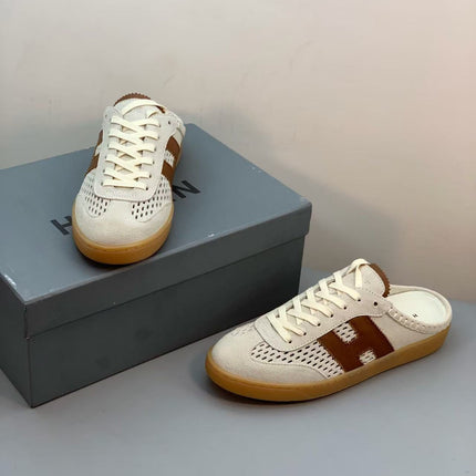 HERMES 26S H MOTIF LACE-UP MULE IN ECRU & BROWN SUEDE