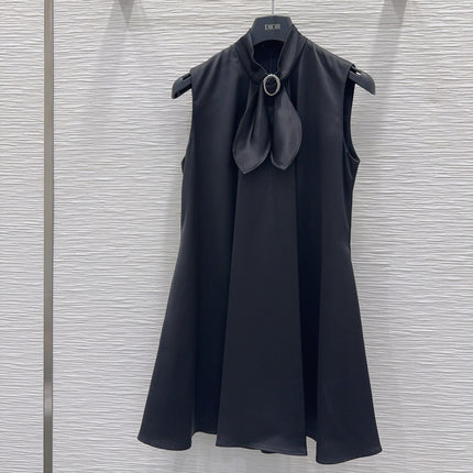 DIOR 26S SLEEVELESS FLARED DRESS WITH SCARF DETAIL IN BLACK SATIN