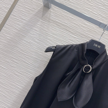 DIOR 26S SLEEVELESS FLARED DRESS WITH SCARF DETAIL IN BLACK SATIN