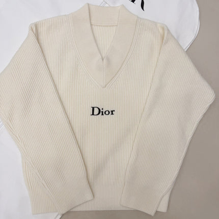 DIOR 26S V-NECK RIBBED SWEATER IN IVORY COTTON KNIT