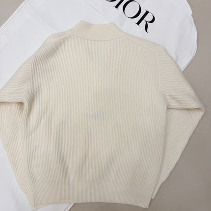DIOR 26S V-NECK RIBBED SWEATER IN IVORY COTTON KNIT