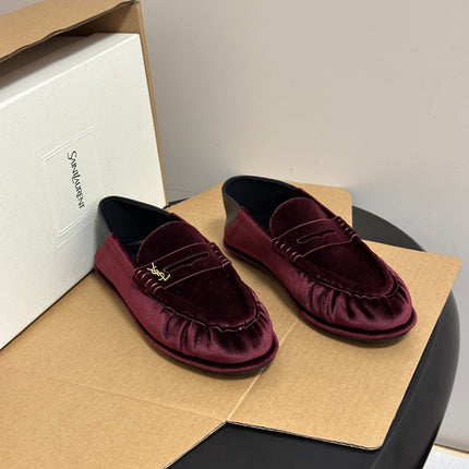YSL 26S GATHERED LOAFERS IN BURGUNDY VELVET