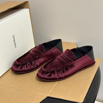 YSL 26S GATHERED LOAFERS IN BURGUNDY VELVET