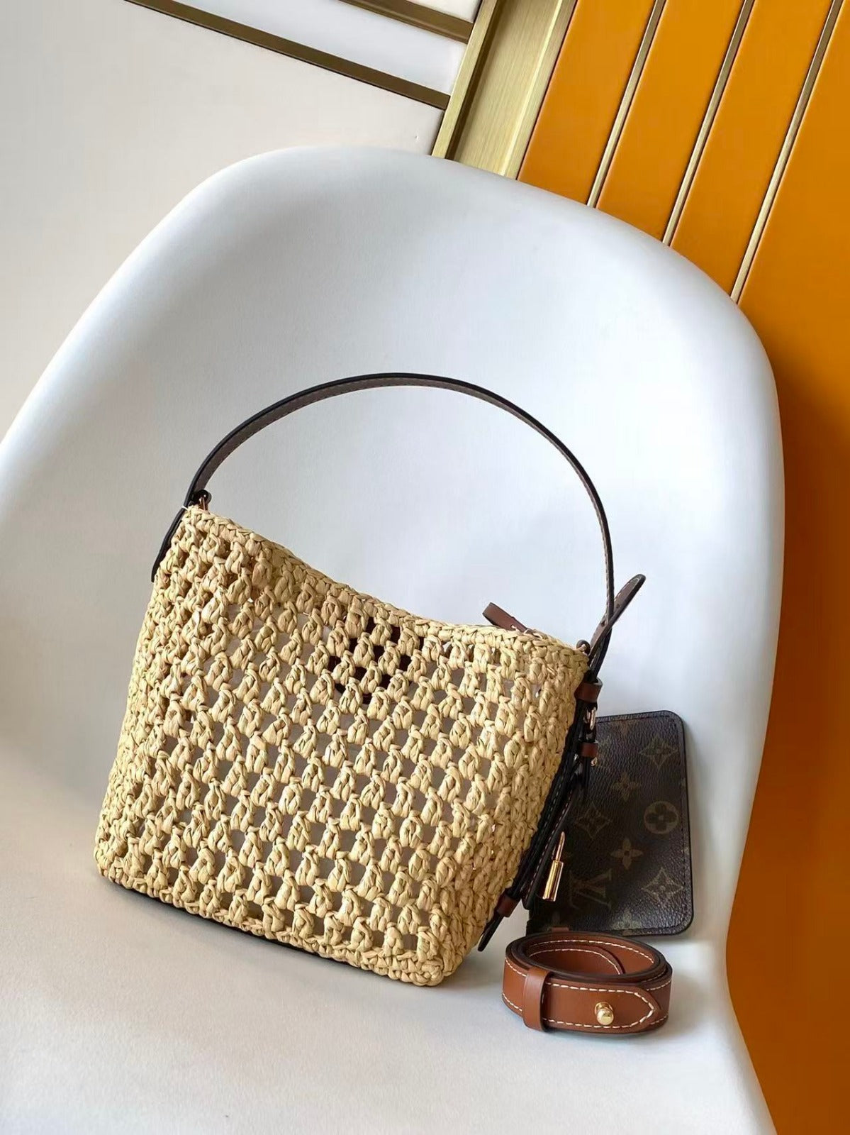 LV ALL IN BB HANDBAG 18 IN BEIGE WOVEN RAFFIA GOLD HARDWARE