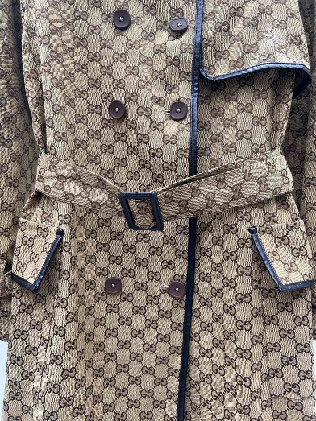 GG-JACQUARD COTTON-BLEND CANVAS TRENCH COAT WITH LEATHER TRIM