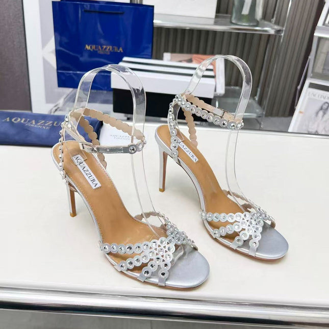 AQUAZZURA TEQUILA CRYSTAL-EMBELLISHED HIGH HEELS IN SILVER CALFSKIN