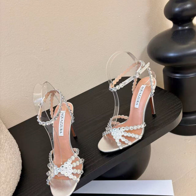 AQUAZZURA TEQUILA CRYSTAL-EMBELLISHED HIGH HEELS IN SILVER CALFSKIN