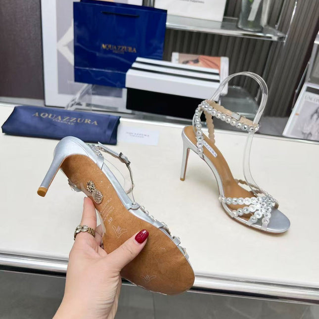 AQUAZZURA TEQUILA CRYSTAL-EMBELLISHED HIGH HEELS IN SILVER CALFSKIN