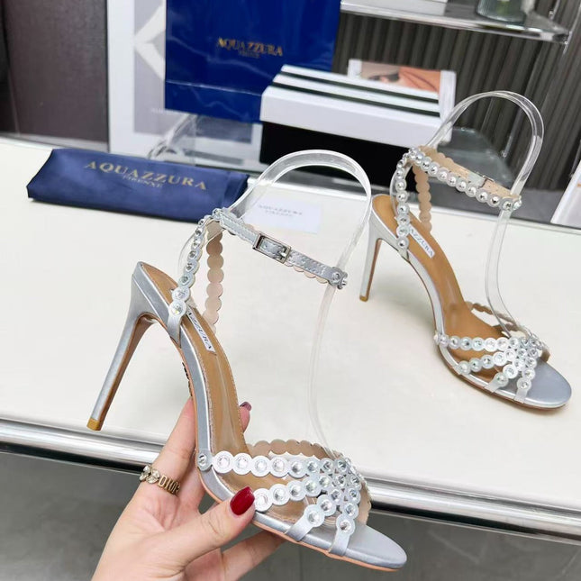 AQUAZZURA TEQUILA CRYSTAL-EMBELLISHED HIGH HEELS IN SILVER CALFSKIN